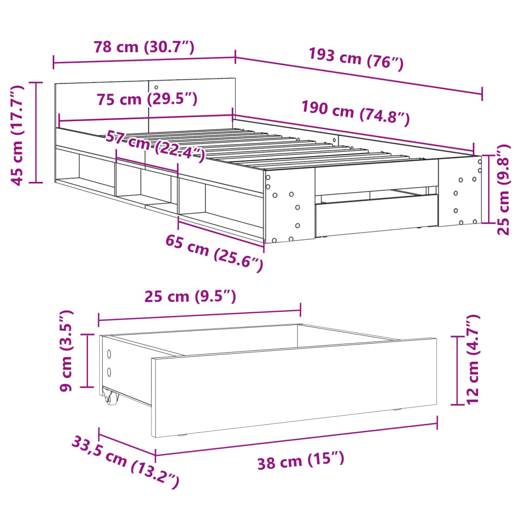 vidaXL Posteľný rám so zásuvkou hnedý dub 75x190 cm kompozitné drevo