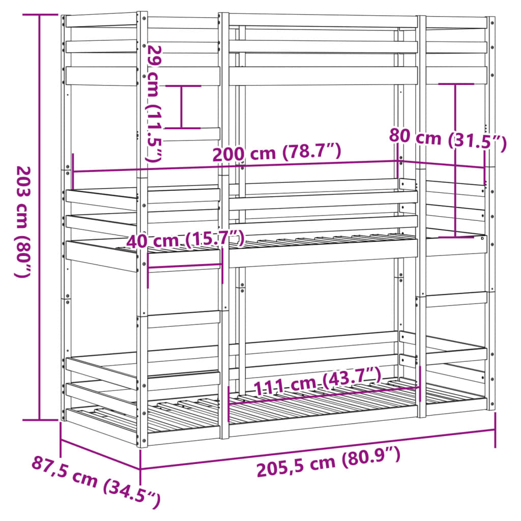 vidaXL Trojitá poschodová posteľ 80x200 cm borovicový masív