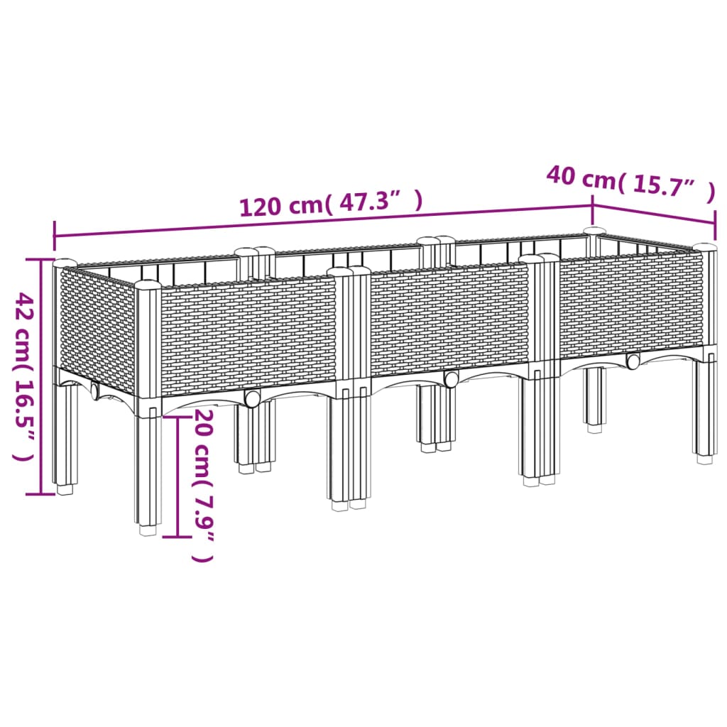 vidaXL Záhradný kvetináč s nohami bledosivý 120x40x42 cm PP