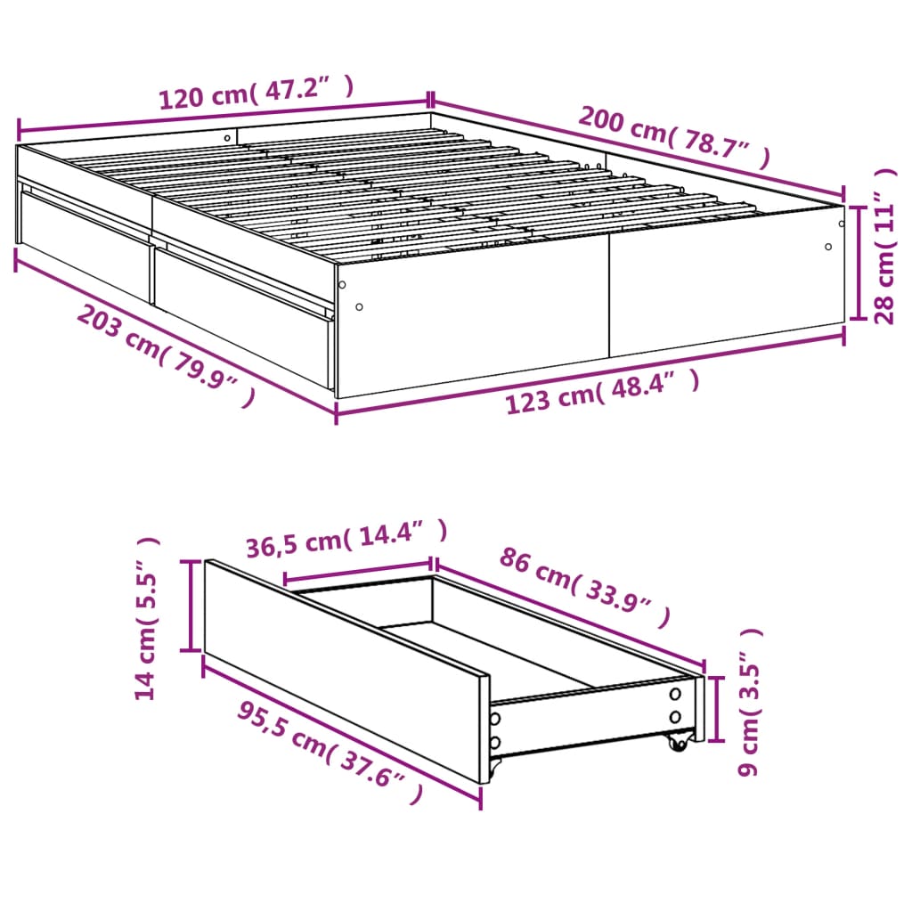 vidaXL Posteľný rám so zásuvkami sivý sonoma 120x200cm kompozit. drevo