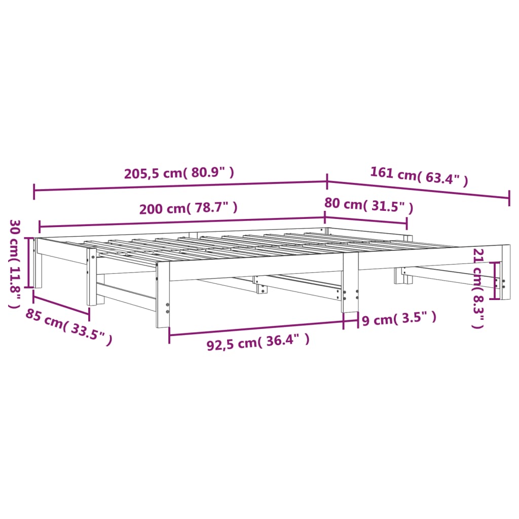 vidaXL Rozkladacia denná posteľ čierna 2x(80x200) cm borovicový masív