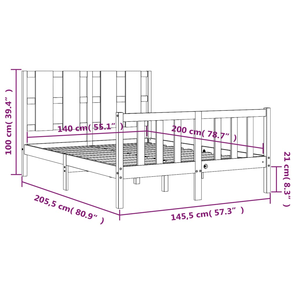 vidaXL Posteľný rám s čelom čierny 140x200 cm masívne drevo