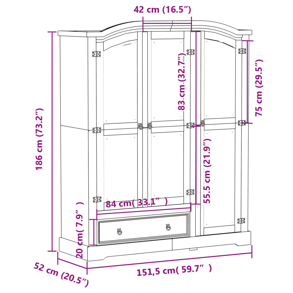 vidaXL Šatník Corona biely 151,5x52x186 cm borovicový masív