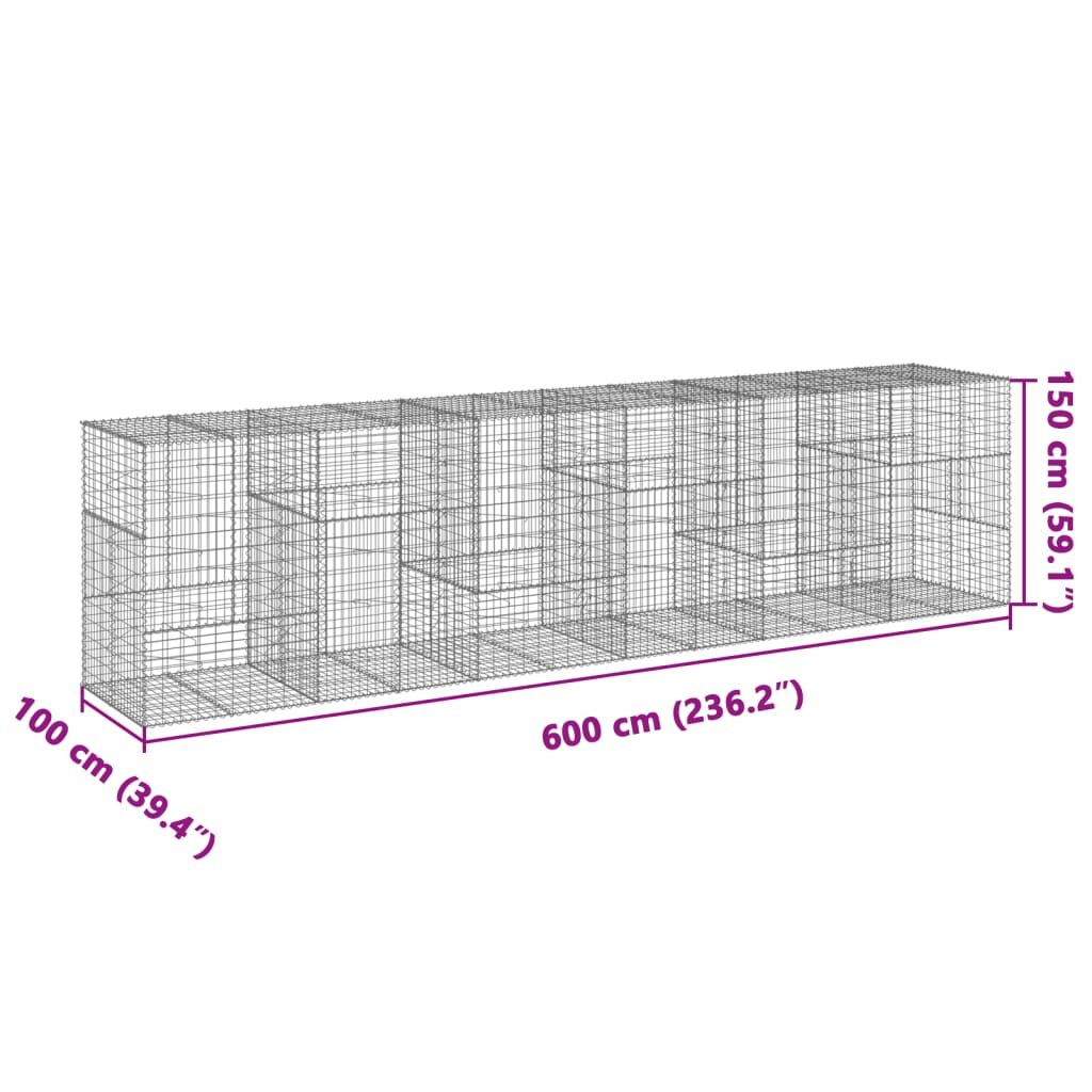 vidaXL Gabiónový kôš s krytom 600x100x150 cm pozinkované železo