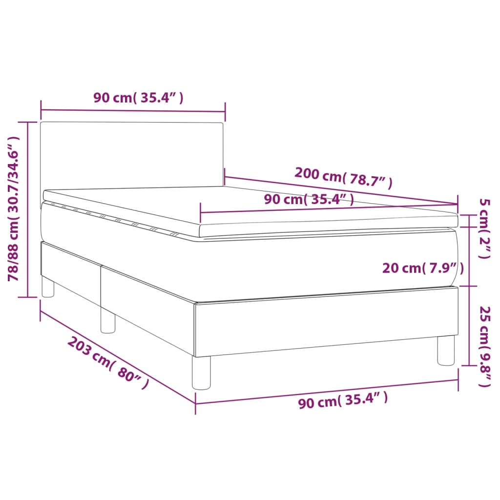 vidaXL Posteľ boxsping s matracom a LED bledosivá 90x200 cm zamat