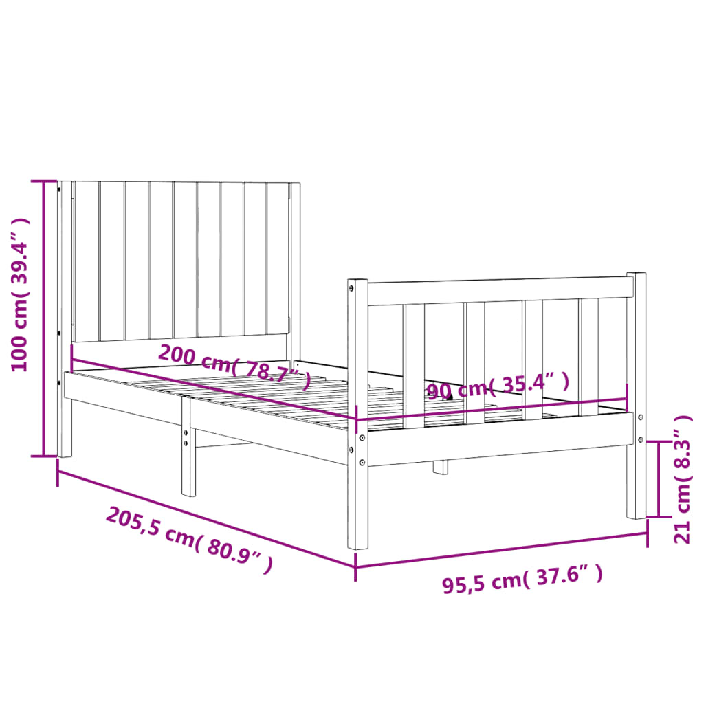 vidaXL Posteľný rám s čelom biely 90x200 cm masívne drevo