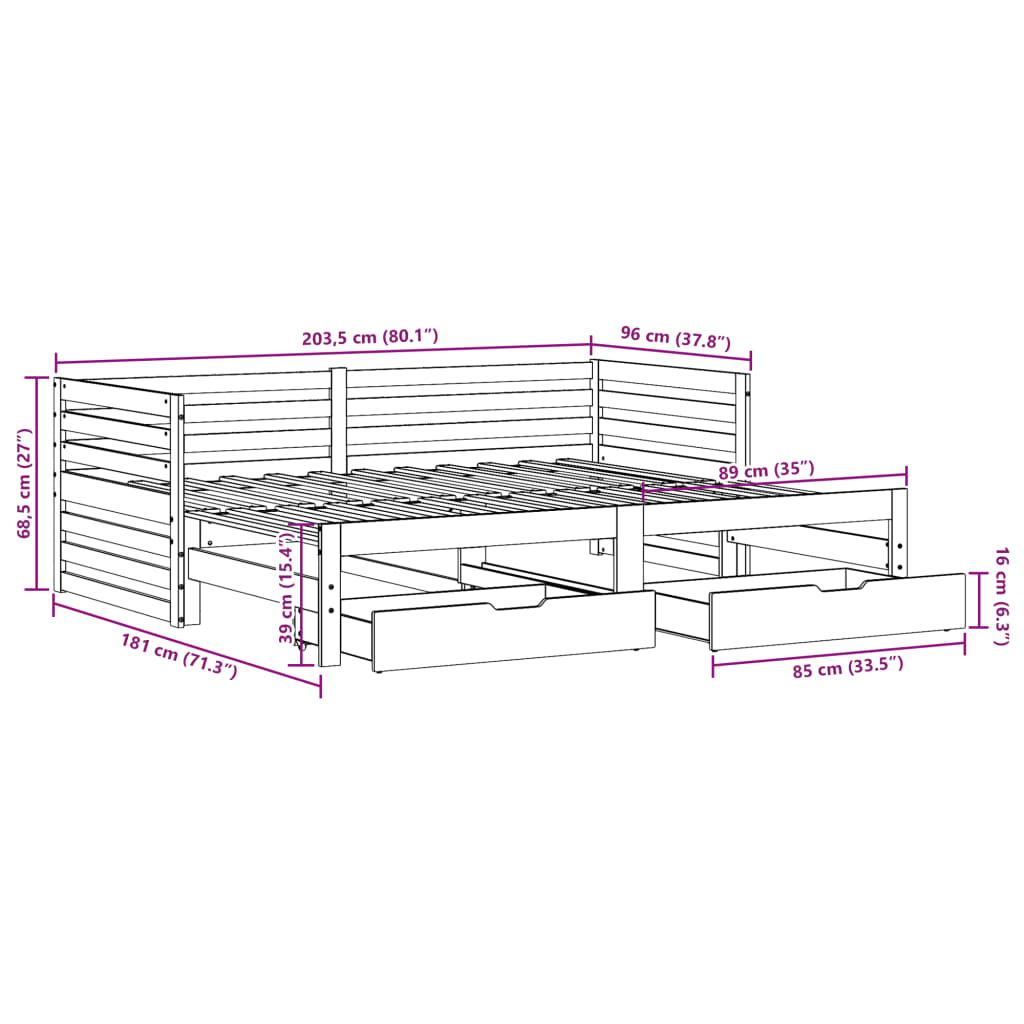 vidaXL Denná posteľ so zásuvkami biela 90x200 cm masívna borovica