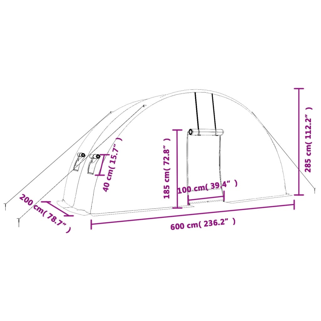 vidaXL Fóliovník s oceľovým rámom biely 12 m² 6x2x2,85 m