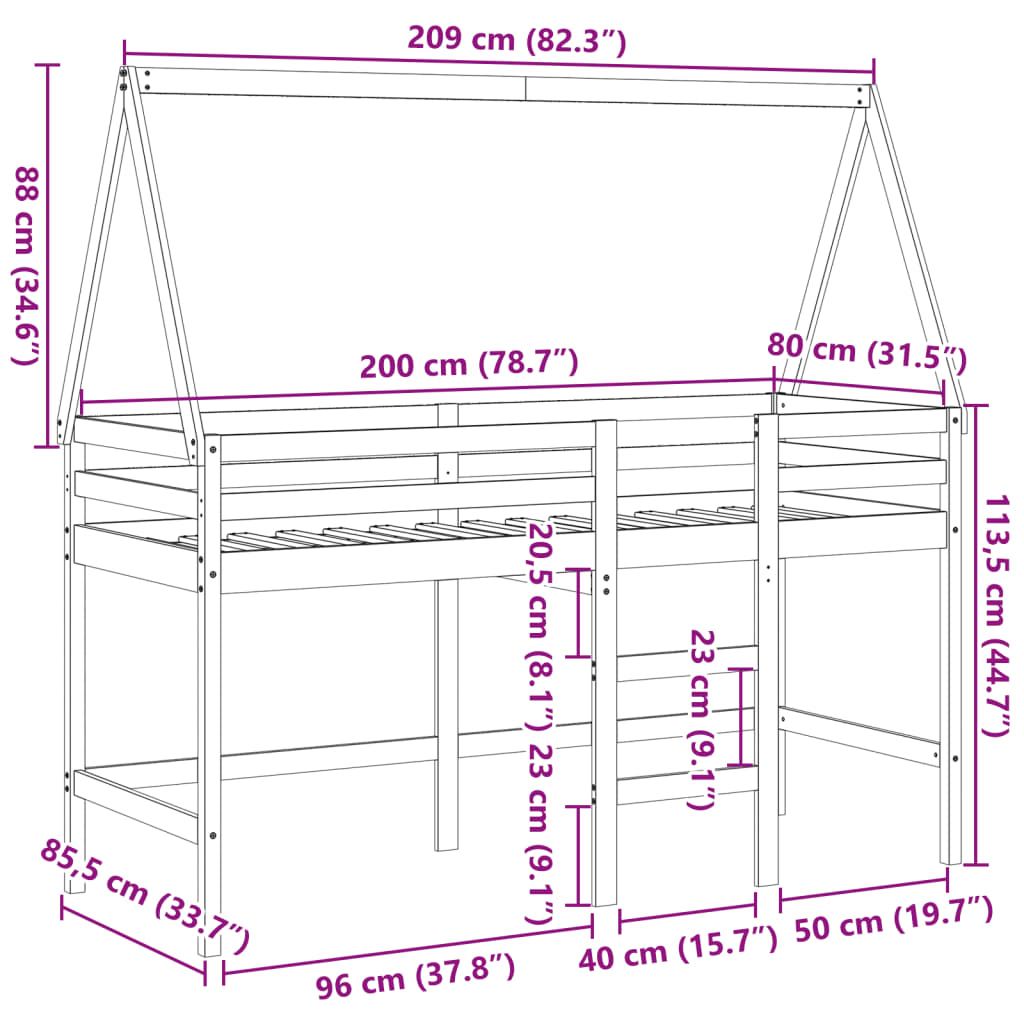 vidaXL Vyvýšená posteľ rebrík strecha biela 80x200 cm masívna borovica