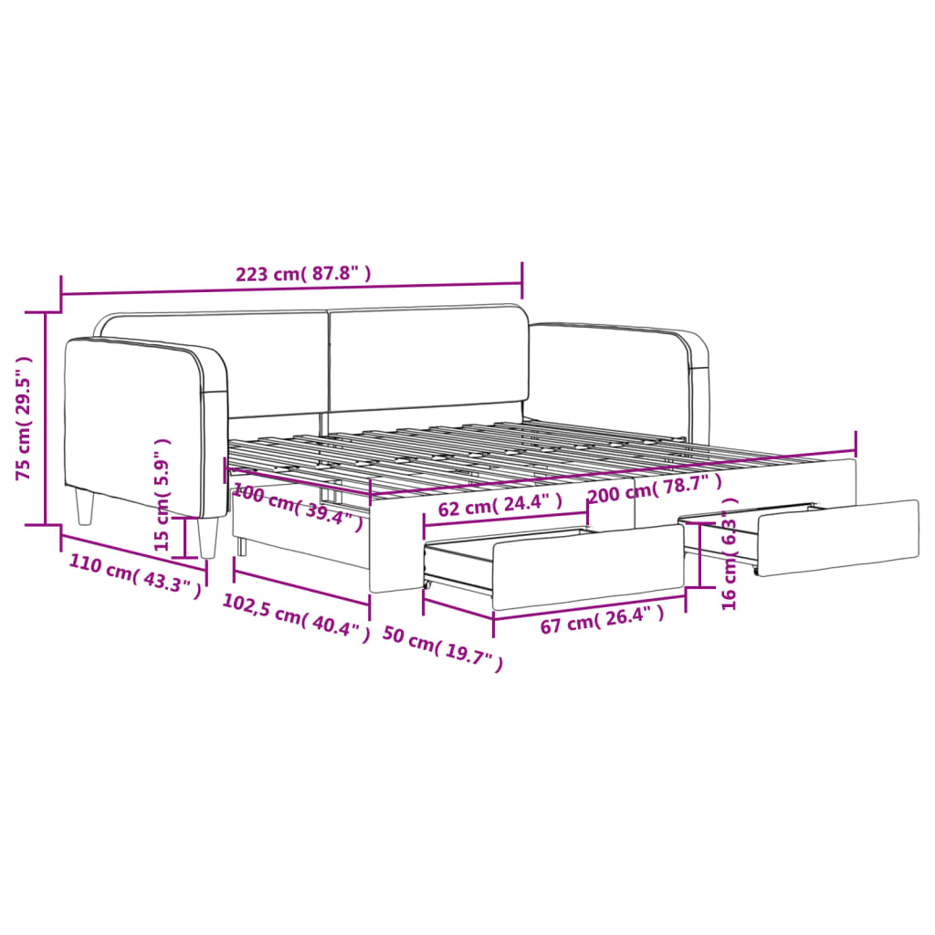 vidaXL Rozkladacia denná posteľ so zásuvkami bledosivá 100x200cm látka