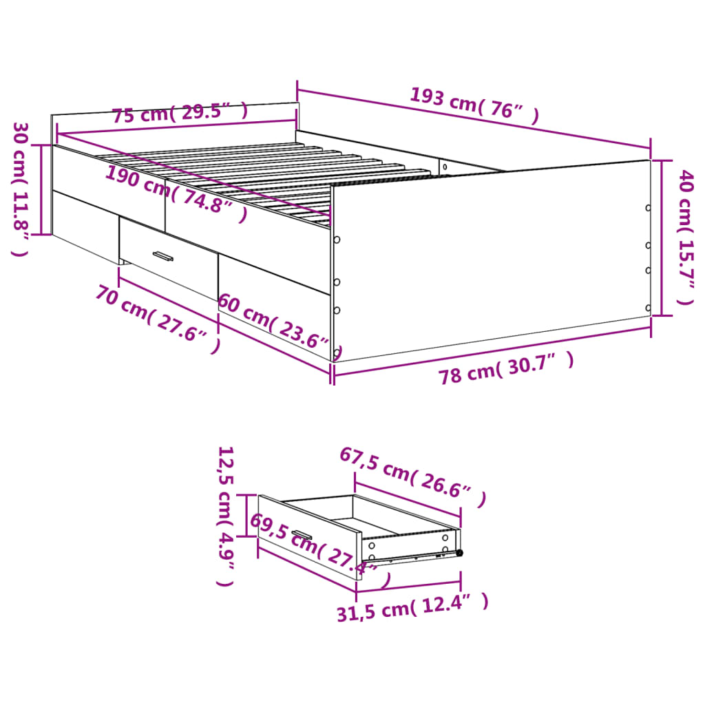 vidaXL Posteľný rám so zásuvkami dub sonoma 75x190 cm kompozitné drevo