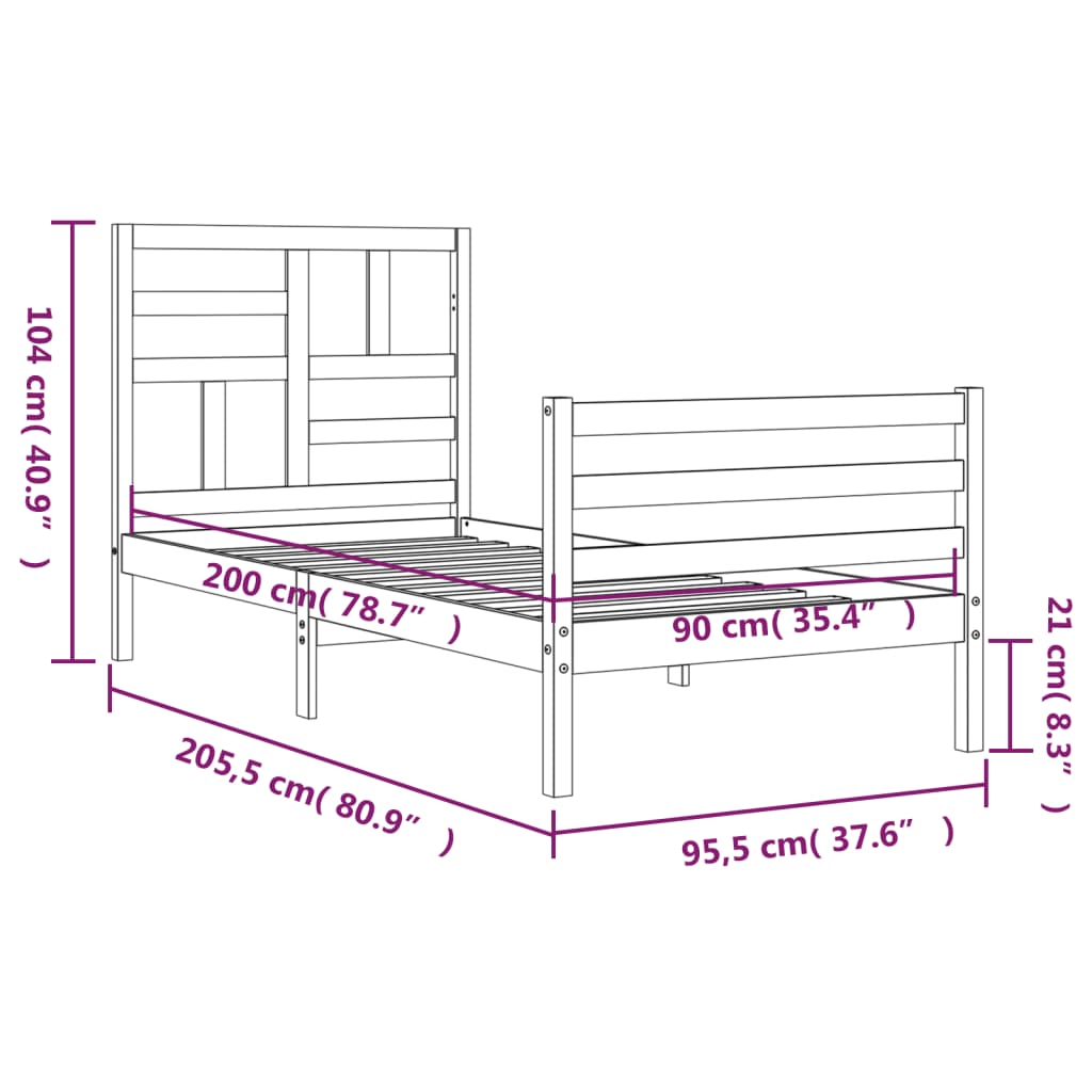 vidaXL Posteľný rám s čelom 90x200 cm masívne drevo