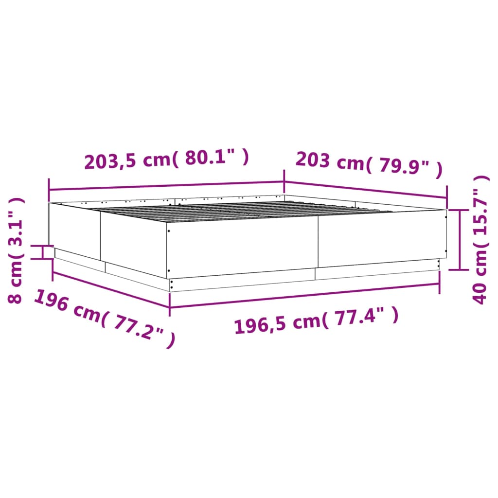 vidaXL Posteľný rám s LED svetlami sonoma 200x200cm kompozitné drevo