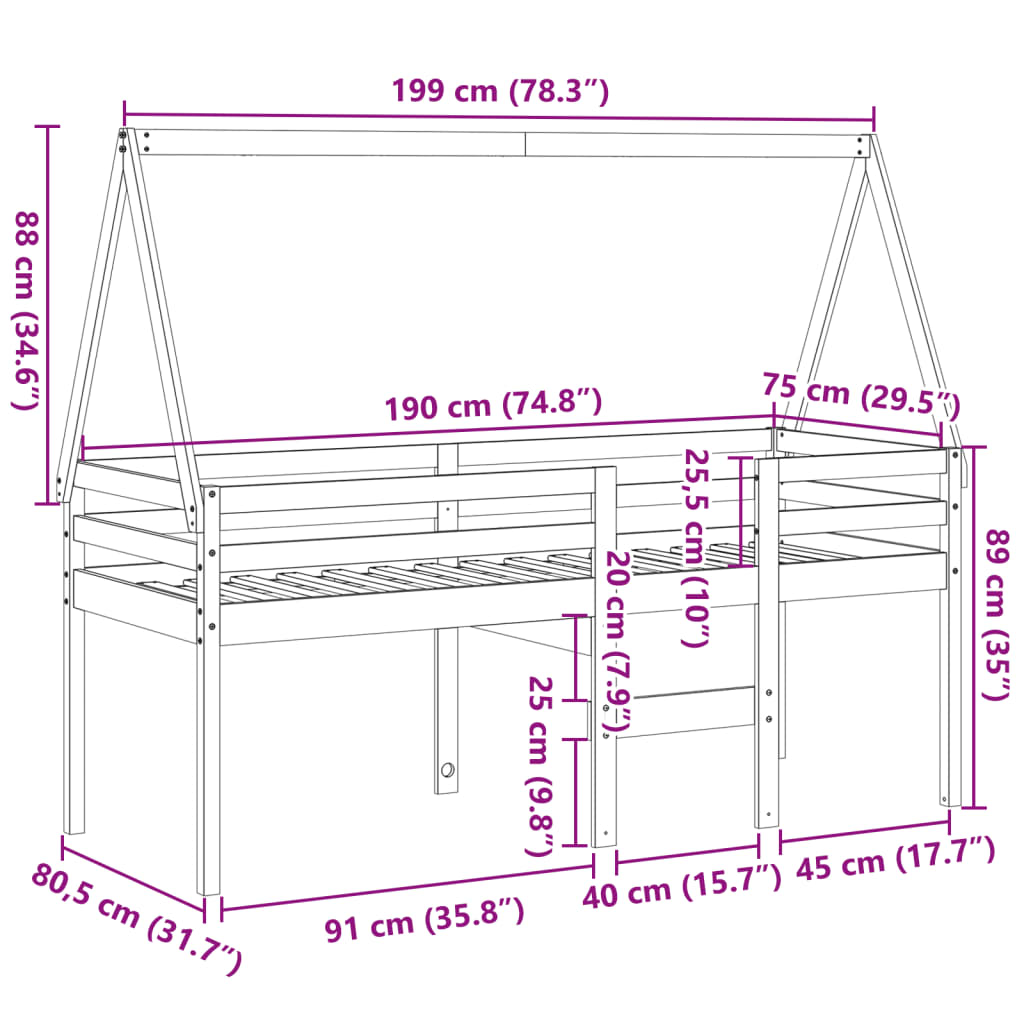 vidaXL Vysoká posteľ so strechou voskovo hnedá 75x190cm borovic. masív