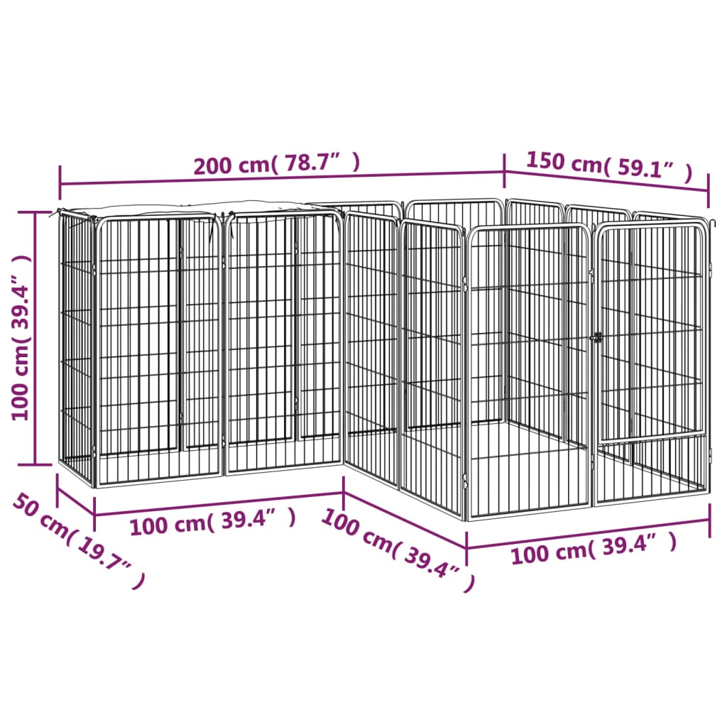 vidaXL Ohrádka pre psov 14 panelov čierna 50x100 cm práškovaná oceľ