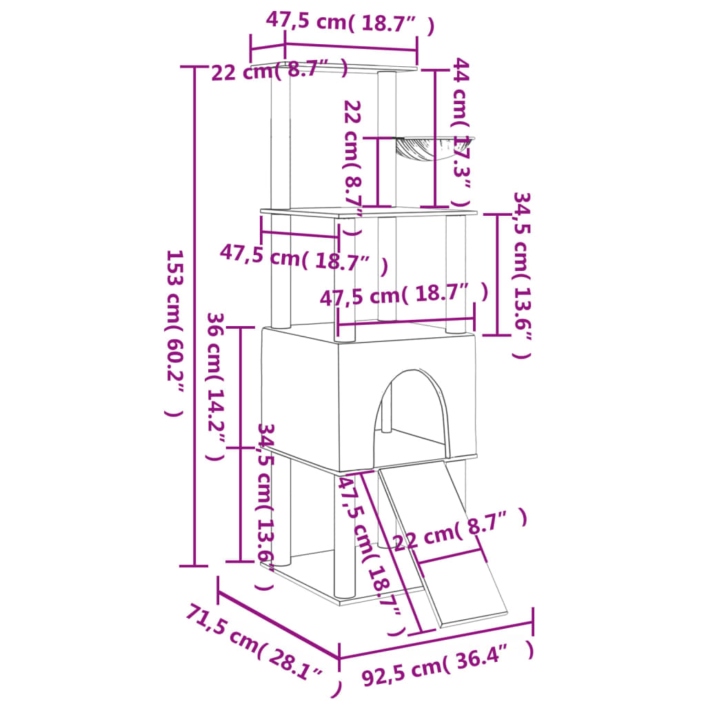 vidaXL Škrabadlo pre mačky so sisalovými stĺpikmi bledosivé 153 cm