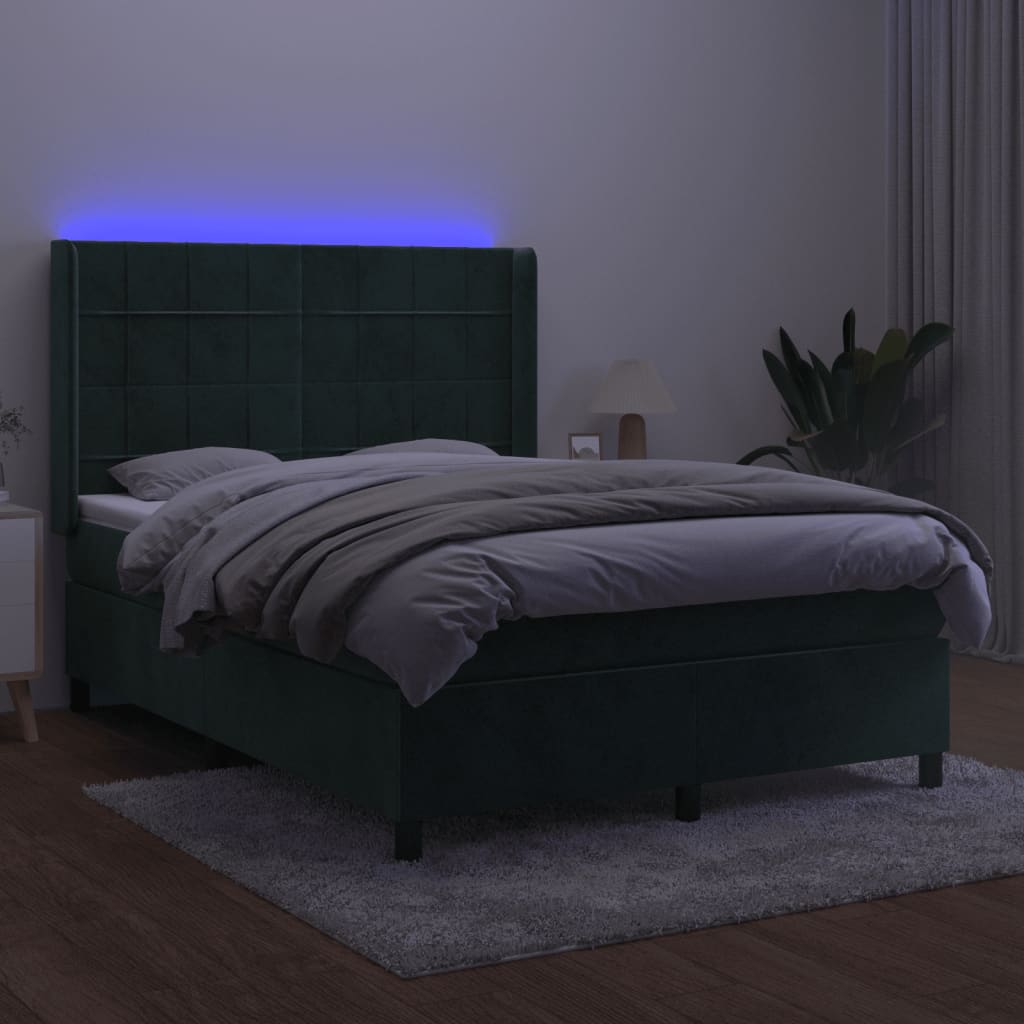 vidaXL Posteľný rám boxsping matrac a LED tmavozelený 140x190 cm zamat