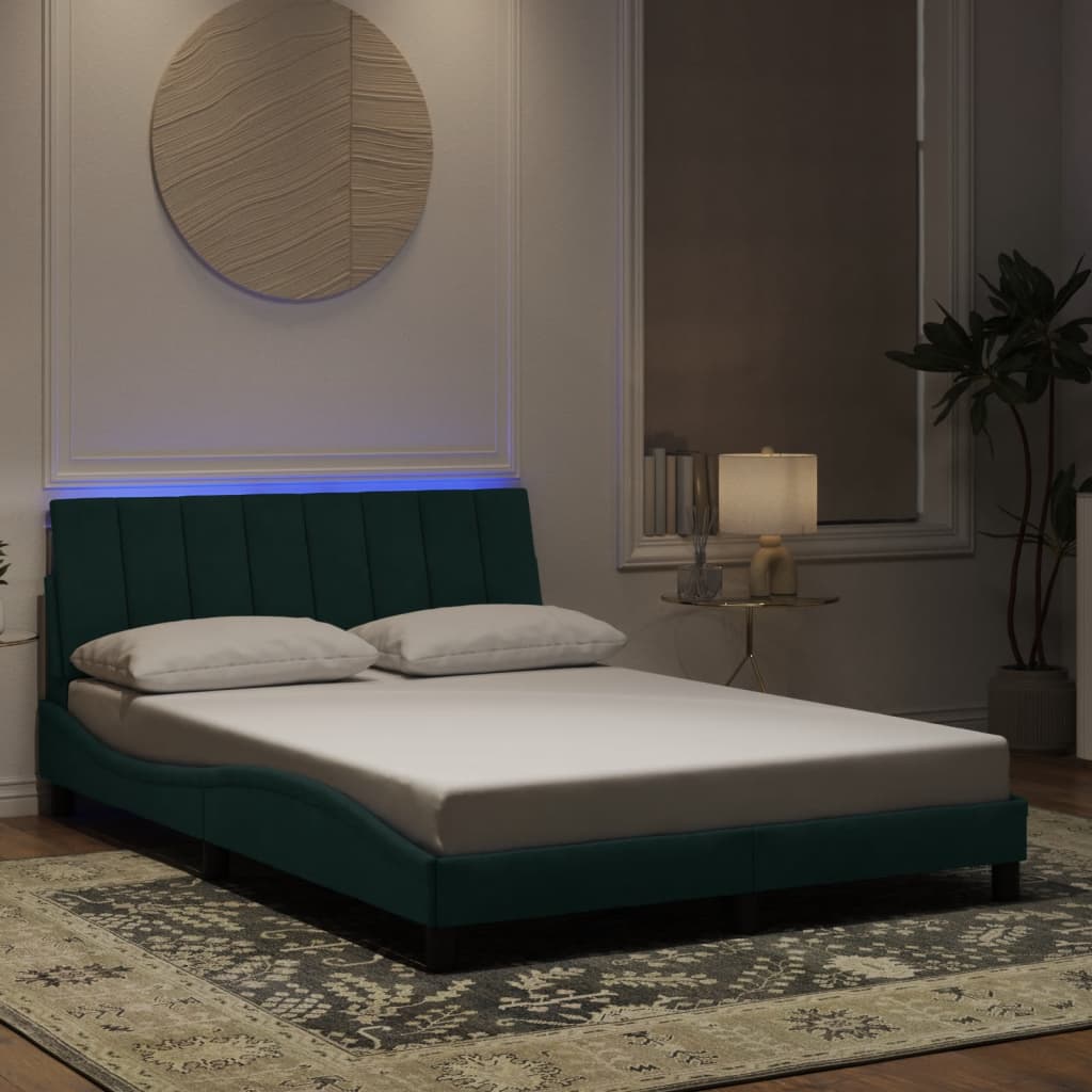 vidaXL Rám postele s LED svetlami tmavozelený 140x190 cm zamat
