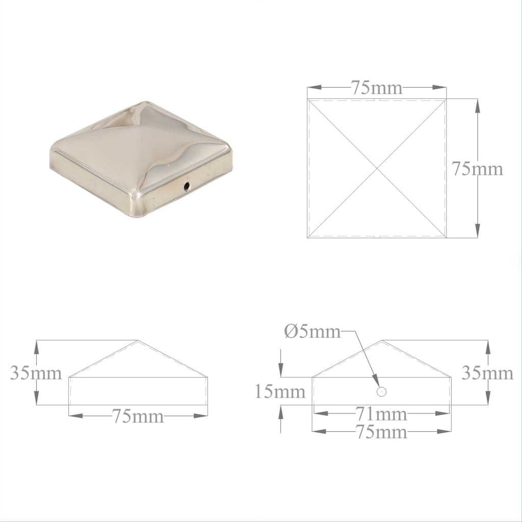 vidaXL Pyramídové krytky na plotové stĺpiky 6 ks 71x71 mm nehrdzavejúca oceľ