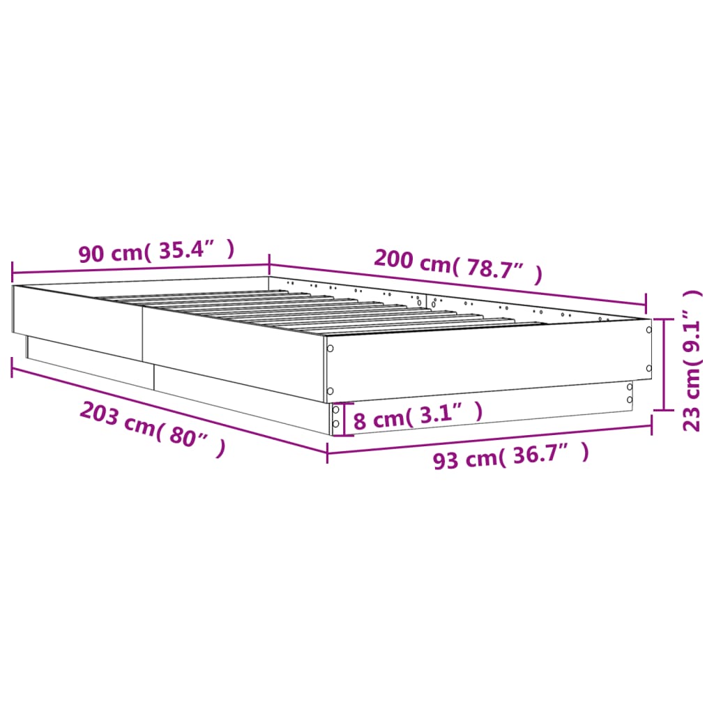 vidaXL Posteľný rám s LED svetlami betónovo sivý 90x200 cm