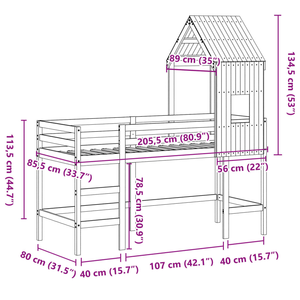 vidaXL Vyvýšená posteľ rebrík strecha 80x200 cm masívna borovica