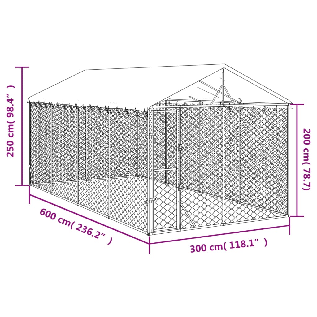 vidaXL Vonkajší koterec pre psov so strechou strieborný 3x6x2,5 m oceľ