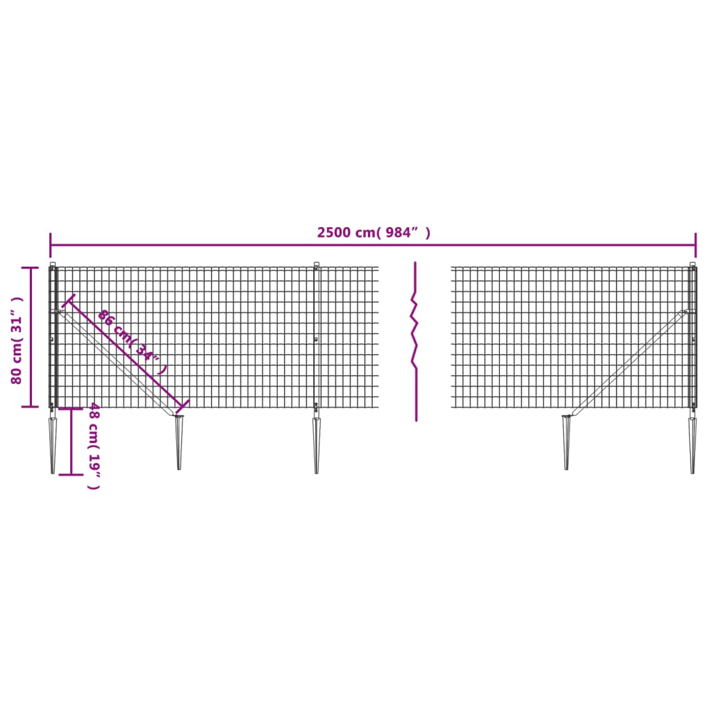 vidaXL Drôtený plot s kotviacimi hrotmi zelený 0,8x25 m