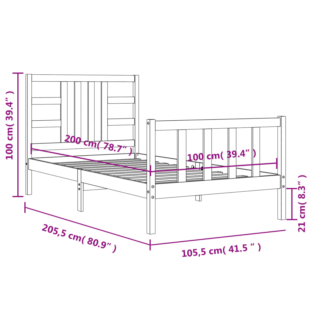 vidaXL Rám postele s čelom čierny 100x200 cm masívne drevo