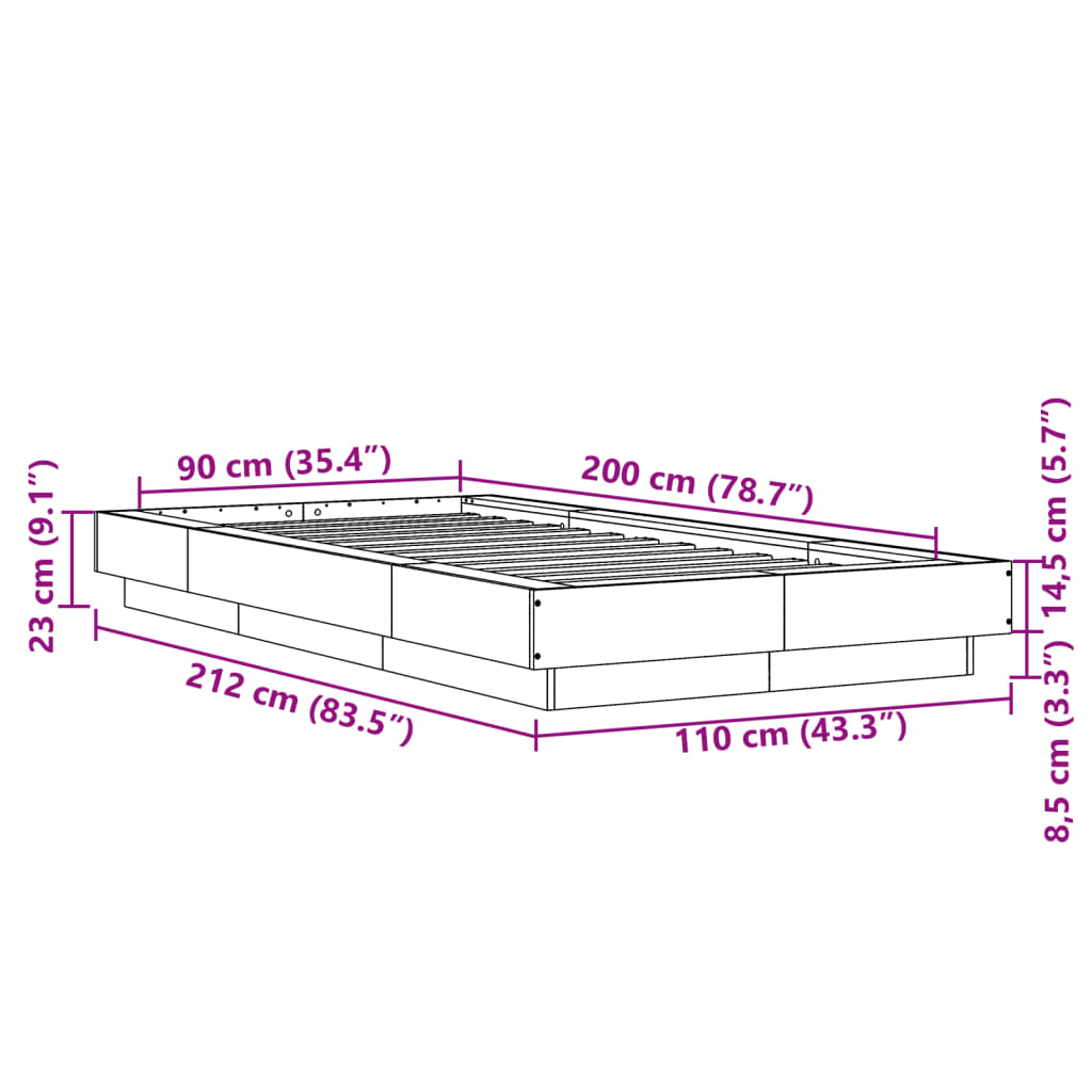 vidaXL Posteľný rám s LED svetlami sivý sonoma 90x200 cm kompoz. drevo