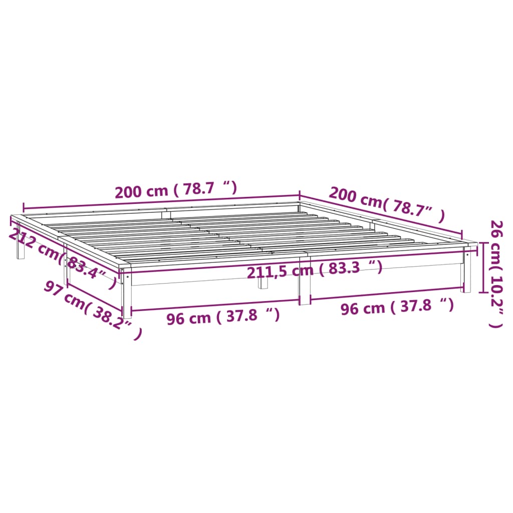 vidaXL Posteľný rám s LED biely 200x200 cm masívne drevo