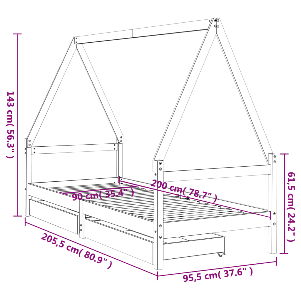 vidaXL Rám detskej postele so zásuvkami biely 90x200 cm mas. borovica