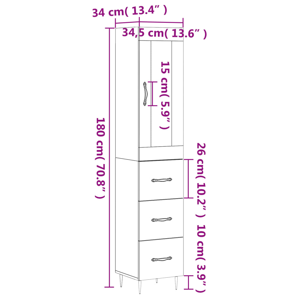 vidaXL Vysoká skrinka biela 34,5x34x180 cm spracované drevo