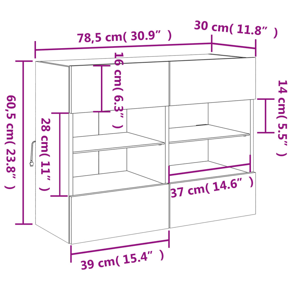 vidaXL TV nástenná skrinka s LED svetlami dymový dub 78,5x30x60,5 cm