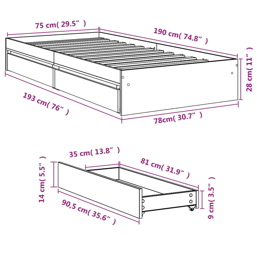 vidaXL Posteľný rám so zásuvkami sivý sonoma 75x190cm kompozitné drevo