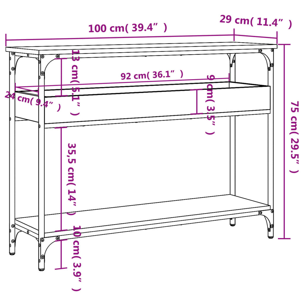 vidaXL Konzolový stolík s policou hnedý dub 100x29x75 cm kompoz. drevo