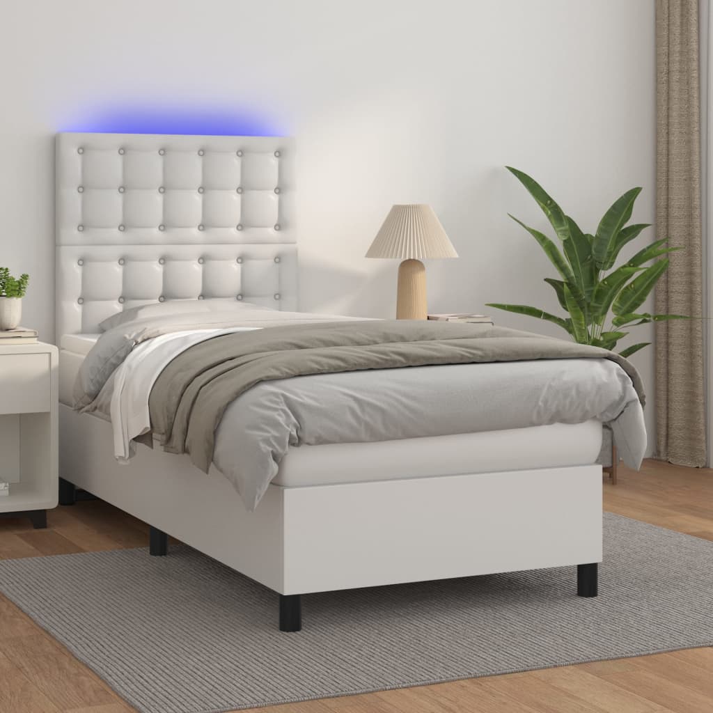 vidaXL Boxspring posteľ s matracom a LED biela 90x200 cm umelá koža