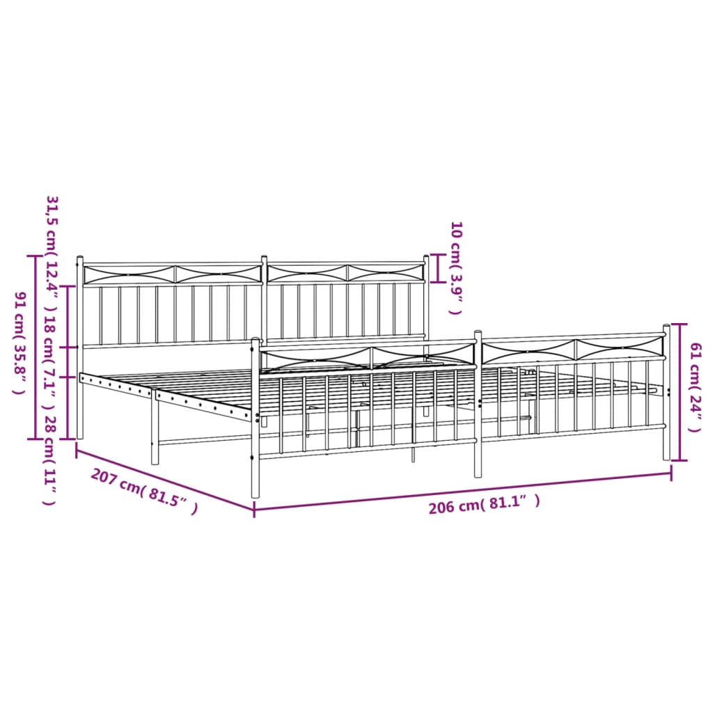 vidaXL Kovový rám postele s čelom a podnožkou čierny 200x200 cm