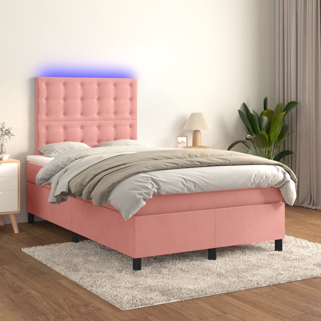 vidaXL Boxspring posteľ s matracom a LED, ružová 120x190 cm, zamat