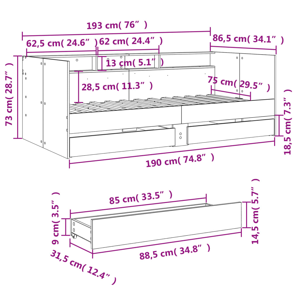 vidaXL Váľanda so zásuvkami bez matraca dub sonoma 75x190 cm