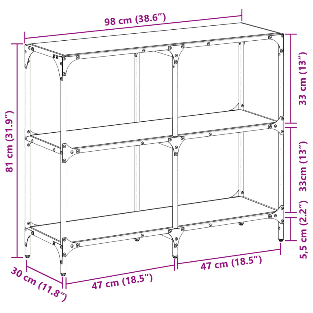 vidaXL Konzolový stolík s čiernou sklenenou doskou 98x30x81 cm oceľ