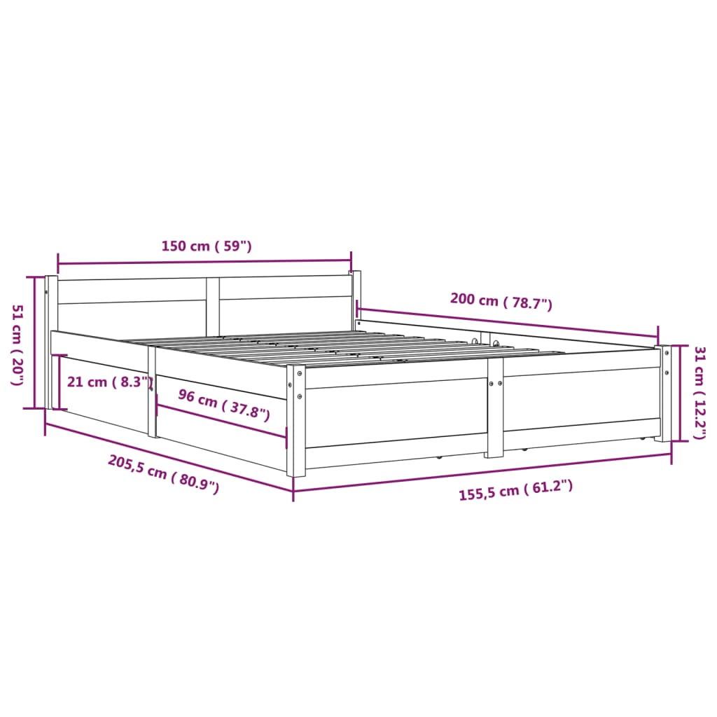 vidaXL Posteľný rám so zásuvkami sivý 150x200 cm 5FT King