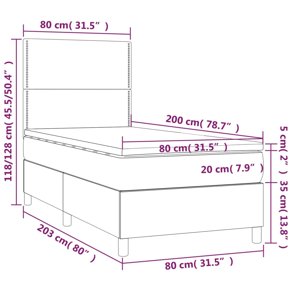 vidaXL Posteľný rám boxsping matrac a LED tmavozelený 80x200 cm zamat