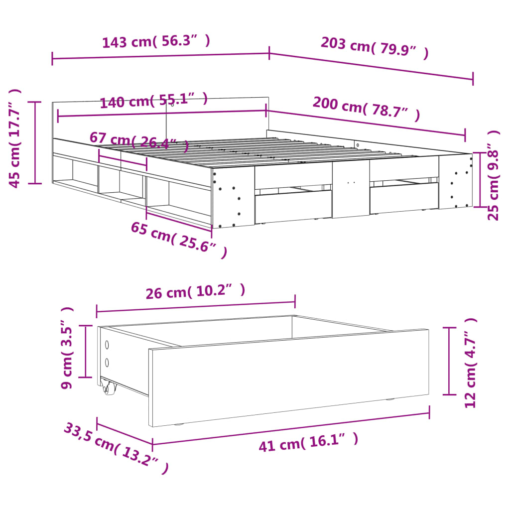 vidaXL Posteľný rám so zásuvkami dymový dub 140x200cm kompozitné drevo