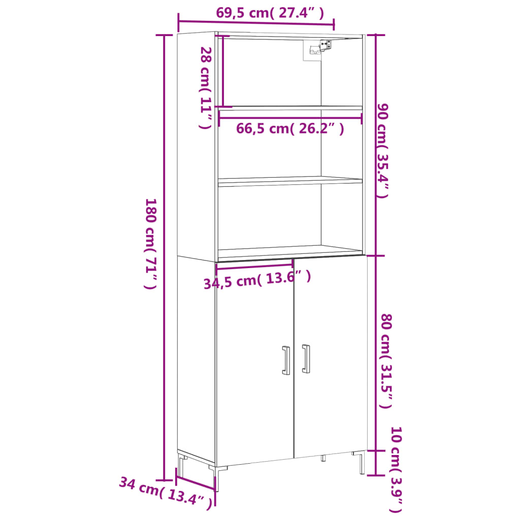 vidaXL Vysoká skrinka sivý dub sonoma 69,5x34x180 cm spracované drevo