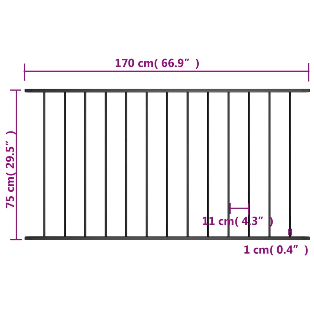 vidaXL Plotový panel, práškovaná oceľ 1,7x0,75 m, čierny