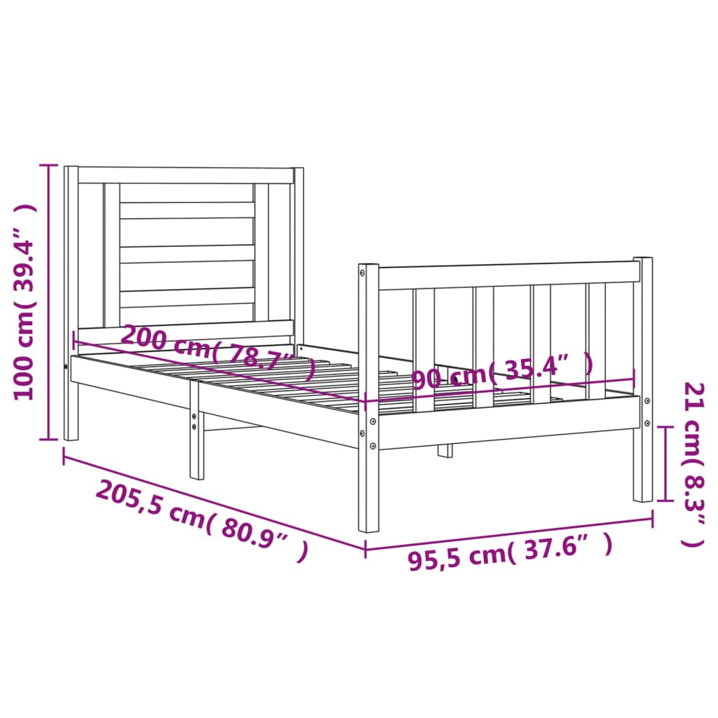 vidaXL Posteľný rám s čelom biely 90x200 cm masívne drevo