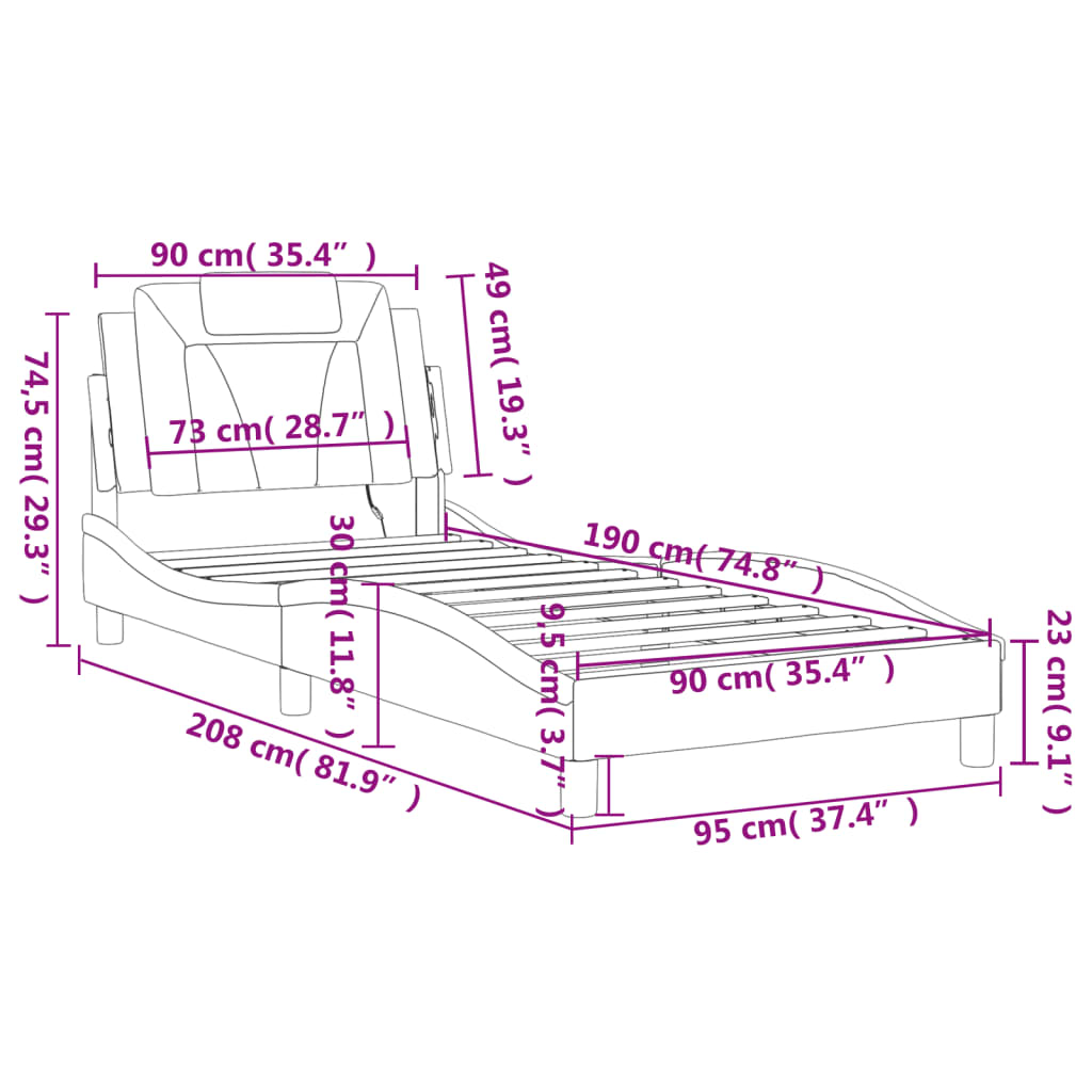 vidaXL Posteľný rám s LED svetlami, čierno biely 90x190 cm, umelá koža