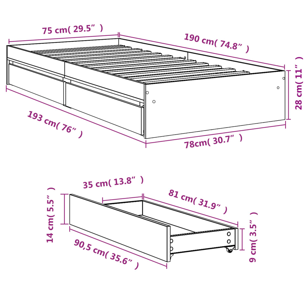 vidaXL Posteľný rám so zásuvkami dub sonoma 75x190 cm kompozitné drevo