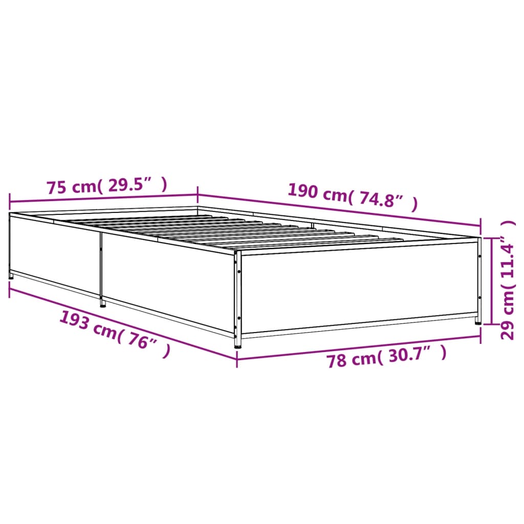 vidaXL Posteľný rám dymový dub 75x190 cm kompozitné drevo a kov