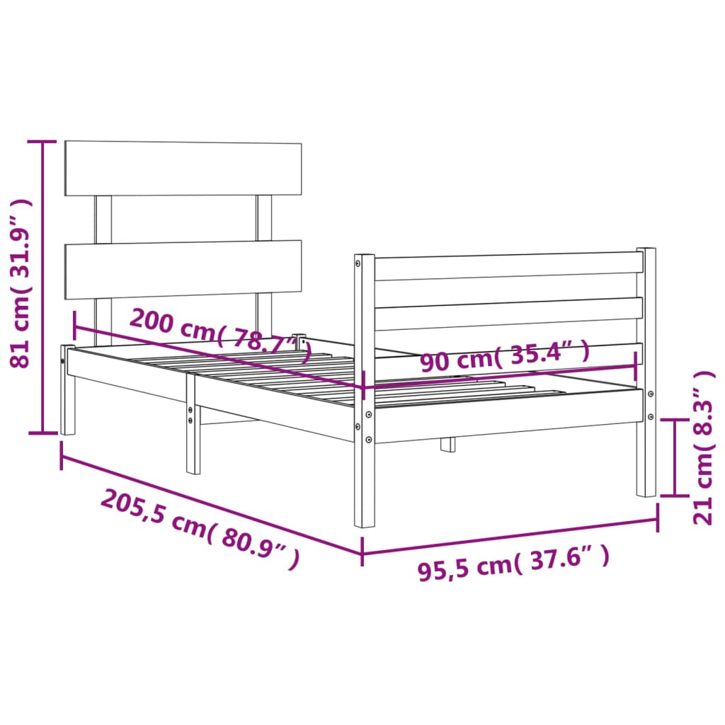 vidaXL Posteľný rám s čelom biely 90x200 cm masívne drevo